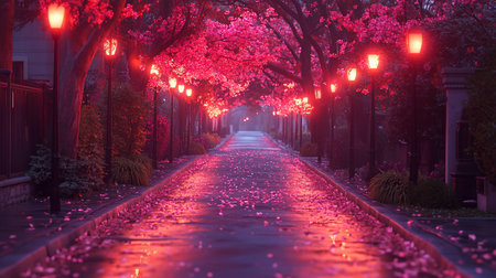 A mesmerizing path lined with cherry blossoms and glowing lanterns, petals scattered on the wet street, creating a magical, romantic atmosphere.の素材