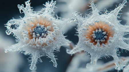 A macro shot reveals two flowers encased in ice, their petals adorned with intricate crystal formations. The blue and peach hues contrast with the icy white, creating a delicate, frozen beauty.の素材