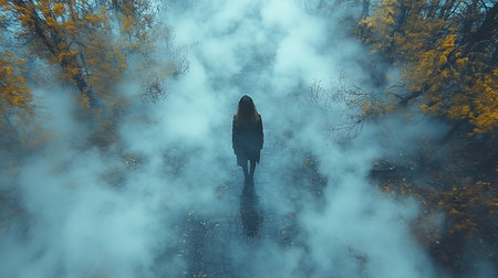 A lone woman walks away on a foggy, wet cobblestone path lined with autumn trees. The scene is shrouded in mist, creating a moody, ethereal atmosphere.の素材