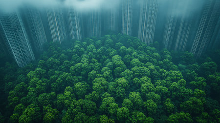 Aerial view of a lush green forest nestled beneath towering city buildings shrouded in mist. The contrast between nature and urban development creates a surreal, captivating scene.の素材
