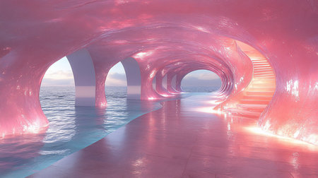 Surreal pink tunnel with arches opening to the ocean, featuring stairs and water flowing through. Dreamlike architecture with soft lighting, creating a serene and otherworldly atmosphere.の素材