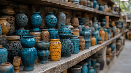A collection of handcrafted pottery, featuring intricately designed blue and ochre vases, displayed on weathered wooden shelves, showcasing artisanal craftsmanship and rustic charm.の素材