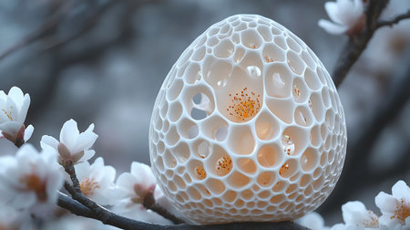 A close-up captures a white, honeycomb-patterned sphere resting on a branch adorned with blooming cherry blossoms, creating a delicate and ethereal scene.の素材