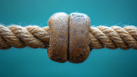 A macro shot captures a thick, textured brown rope secured by a wooden clasp, set against a vibrant teal background.の素材