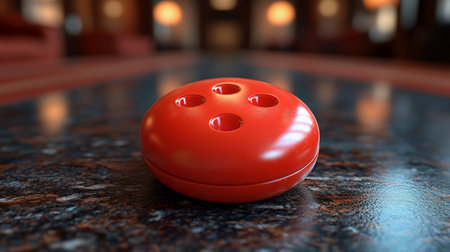 A red, four-holed bowling ball sits centered on a mottled brown and blue surface. Bokeh lights create a soft background, enhancing the focus on the ball's smooth texture.の素材