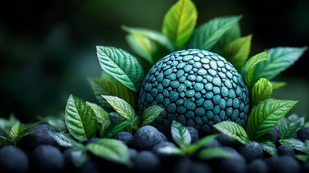 A textured, teal orb rests among vibrant green leaves and dark stones, creating a mystical and enchanting scene. The composition evokes a sense of wonder and natural beauty.の素材
