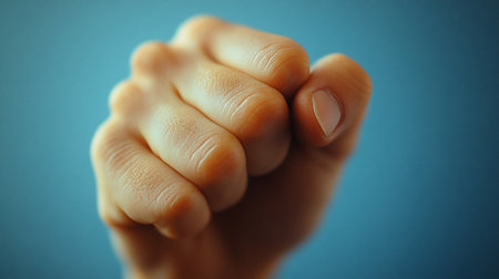 A close-up of a tightly clenched human fist, showcasing skin texture and detail, set against a blurred, soft blue background. The image evokes feelings of tension or determination.の素材