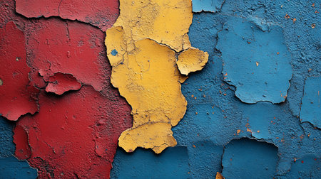Close-up of a textured wall with peeling paint in red, yellow, and blue. The aged surface reveals layers of color, creating a visually striking abstract pattern.の素材