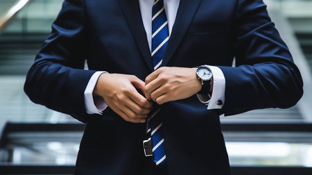 A businessman in a navy suit buttons his jacket, showcasing a blue and white striped tie and a stylish wristwatch, embodying professionalism and attention to detail.の素材