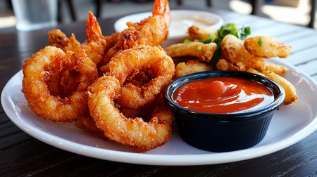 Appetizing platter featuring crispy fried calamari rings, shrimp, and fries, served with a side of ketchup, presented on a white plate on a dark wooden table.の素材