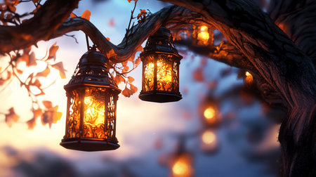 Two ornate lanterns hang from a tree branch with autumn leaves, casting a warm glow against the twilight sky. The scene evokes a sense of magic and tranquility.の素材