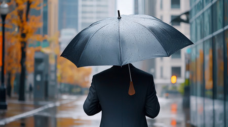 A man in a suit holds an umbrella in a rainy city, back view. The scene is moody, with blurred buildings and wet streets reflecting light.の素材