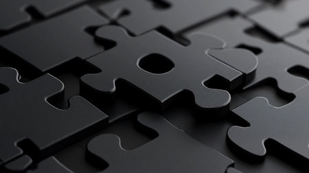 A close-up of interlocking black puzzle pieces, creating a textured, monochromatic pattern. The pieces fit together, symbolizing unity, problem-solving, and the completion of a task.の素材