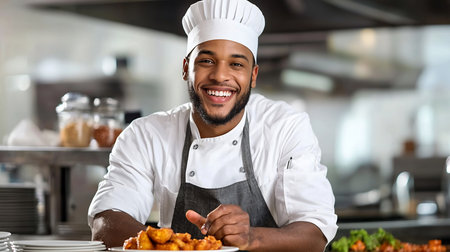 A smiling, bearded chef in a white uniform and hat presents a plate of golden fried appetizers in a professional kitchen, exuding confidence and culinary expertise.の素材