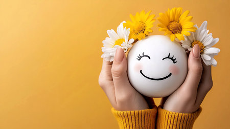Hands in a yellow sweater cradle a smiling white sphere adorned with daisies, set against a vibrant yellow background, creating a cheerful and whimsical scene.の素材