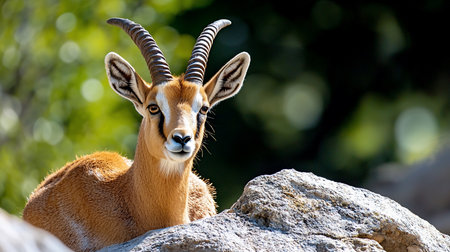 A captivating close-up of a gazelle resting on a rock, its spiraled horns and alert expression highlighted against a blurred green and dark background.の素材