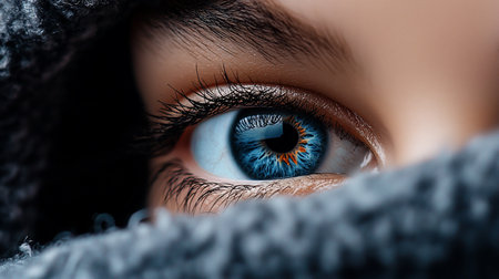 A striking macro shot focuses on a captivating blue eye with orange accents, framed by soft, gray fabric. The intense gaze and detailed texture create a powerful, intimate portrait.の素材