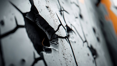 A macro shot reveals a cracked, textured surface, showcasing deep fissures and peeling layers. The dramatic lighting accentuates the depth and complexity of the fractured material.の素材