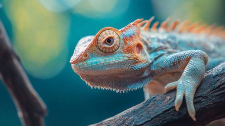 A detailed close-up of a chameleon perched on a branch, showcasing its vibrant orange and blue scales, intricate eye, and unique texture against a blurred background.の素材
