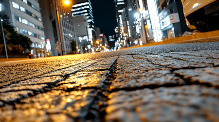 A low-angle shot captures the cracked asphalt of a city street at night, reflecting the warm glow of streetlights and building lights, creating a dynamic urban scene.の素材