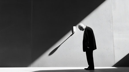 A senior man in a suit stands dejected against a concrete wall, head bowed. Dramatic lighting casts a long shadow, emphasizing isolation and despair in monochrome.の素材