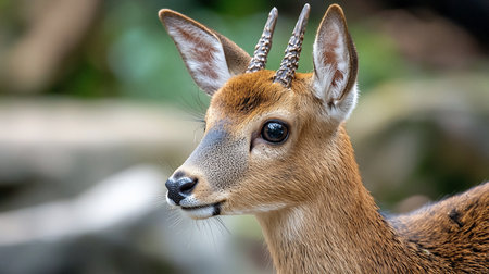 A detailed profile shot of a Kirk's Dik-Dik, showcasing its delicate features, textured horns, and expressive eyes against a soft, blurred natural background.の素材