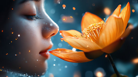 Close-up of a woman's face in profile, gently near an orange lotus. Soft lighting and bokeh create a dreamy, ethereal mood, emphasizing beauty and tranquility.の素材