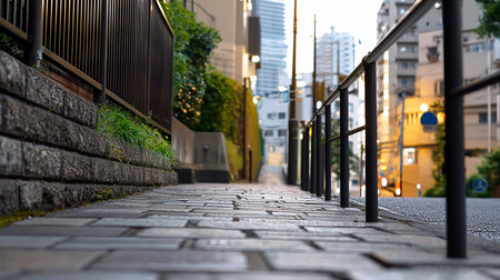 A low-angle perspective captures a cobblestone path descending in Tokyo, Japan, framed by railings and lush greenery, bathed in the soft glow of twilight.の素材