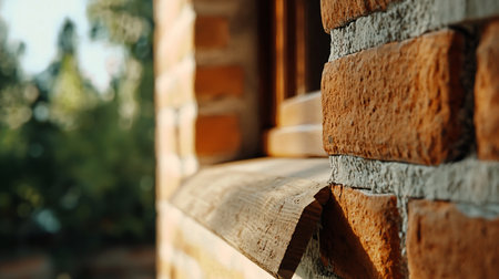 Close-up of a weathered wooden window sill nestled in a brick wall, with blurred greenery visible outside. Soft, natural light enhances the rustic texture and creates a peaceful mood.の素材
