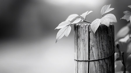 A black and white close-up captures delicate leaves resting atop a weathered wooden post, secured with a rustic rope. Soft focus creates a serene, minimalist composition.の素材