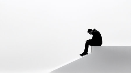 A man sits alone on a stark white structure, head bowed in contemplation. The monochrome palette emphasizes the mood of isolation and introspection. Minimalist composition, high contrast.の素材