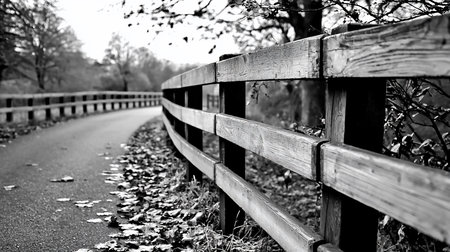 A black and white landscape featuring a winding path alongside a weathered wooden fence, with fallen leaves scattered on the ground, creating a serene and nostalgic atmosphere.の素材