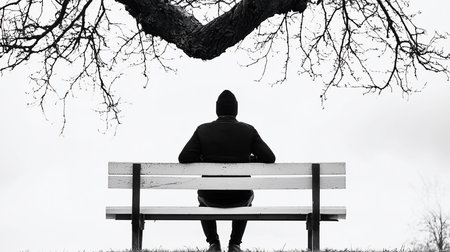 A lone figure in a beanie sits on a park bench, back to the viewer, under a stark winter tree. The black and white image evokes solitude and contemplation.の素材
