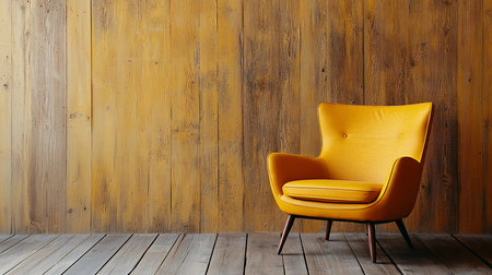A vibrant mustard yellow armchair stands against a rustic wooden wall and floor, creating a retro interior design scene with warm, inviting tones and textures.の素材