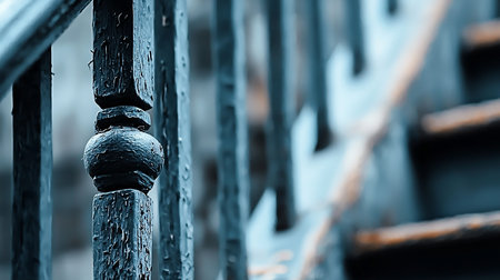 Close-up of a weathered blue staircase railing with peeling paint. Soft focus background reveals stairs. The image evokes a sense of age and history.の素材