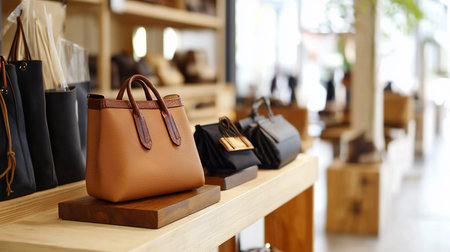 A curated display of leather handbags in a boutique setting. The bags, in tan, black, and gray, rest on wooden platforms, showcasing their craftsmanship under soft, natural light.の素材