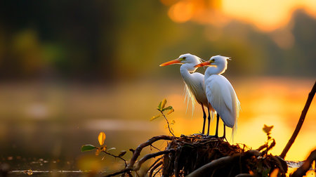 Two Great Egrets stand gracefully on their nest amidst a tranquil wetland at sunset. The warm, golden light bathes the scene, creating a peaceful and picturesque moment in nature.の素材