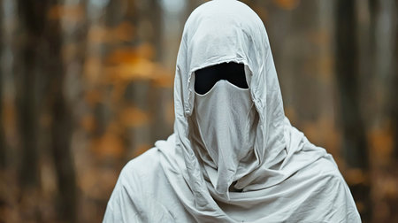 A cloaked figure stands shrouded in a white, hooded garment, obscuring the face with dark eye sockets, set against a blurred forest background, creating a sense of mystery and unease.の素材