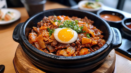 Close-up of Korean bibimbap in a black stone bowl, topped with a fried egg and scallions, sitting on a wooden base, with side dishes blurred in the background.の素材