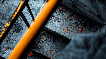 Close-up of a weathered industrial staircase with orange accents, showcasing texture and decay. The composition highlights the contrast between the rough steps and the vibrant handrail.の素材