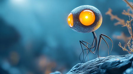 A digitally rendered alien creature with a textured head and glowing orange eyes stands on a rocky surface, set against a blurred blue background with hints of vegetation.の素材