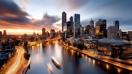 A panoramic view of Melbourne, Australia, at dusk. The Yarra River reflects the city's illuminated skyline, with blurred boat trails and car light streaks adding dynamic movement.の素材