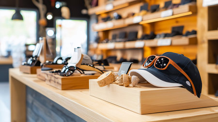 A boutique display features sunglasses, a cap, and corks on a wooden counter, showcasing fashion accessories with a rustic, eco-friendly touch. Warm lighting enhances the inviting atmosphere.の素材