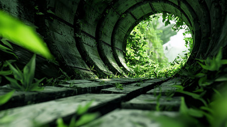A captivating view through a weathered tunnel, where vibrant green plants reclaim the structure, blurring the lines between nature and industrial decay.の素材
