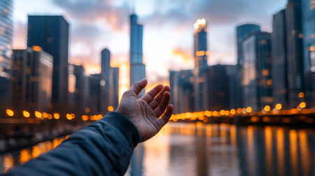 A hand reaches towards the blurred Chicago skyline at sunset, with the river reflecting the city lights. The image evokes a sense of hope and connection.の素材