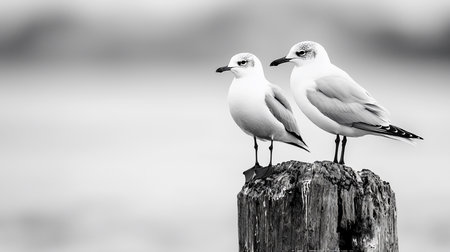 Two seagulls stand atop a weathered wooden post, their white plumage contrasting against the monochrome backdrop, evoking a sense of coastal peace and timeless beauty.の素材