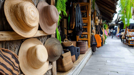 A vibrant market stall displays handwoven straw hats and baskets, showcasing traditional craftsmanship in a rustic setting with natural light and a shallow depth of field.の素材