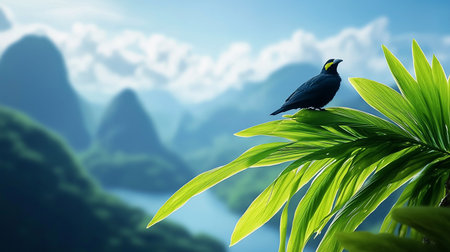 A striking yellow-faced myna sits gracefully on a bright green palm frond, set against a blurred backdrop of misty blue mountains, evoking a sense of tropical serenity and natural beauty.の素材