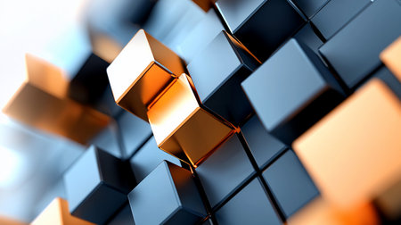 Abstract 3D render featuring a cluster of blue-gray cubes with a prominent golden cube formation, creating a dynamic and visually striking composition with soft, diffused lighting.の素材
