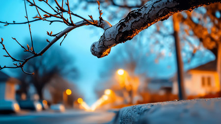 A birch branch with budding leaves hangs over a street at twilight, illuminated by warm streetlights, creating a serene urban spring scene with a soft, dreamy atmosphere.の素材